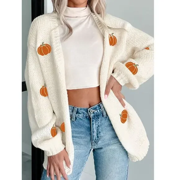 Beautiful White Pumpkin Print Open Front Drop Shoulder Midi Cardigan - Picture 1 of 7